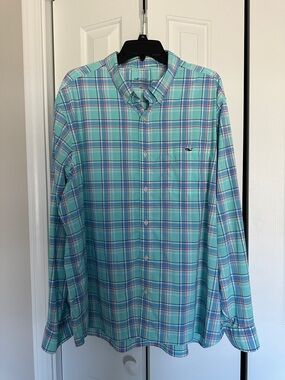 Vineyard Vines Aqua and Blue Plaid Button-Down Shirt
